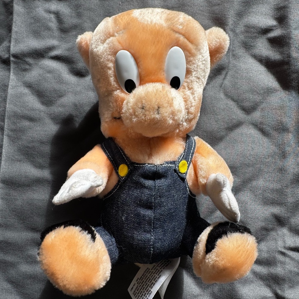 1993 porky pig Charming Plush Pig Toy in Denim Overalls